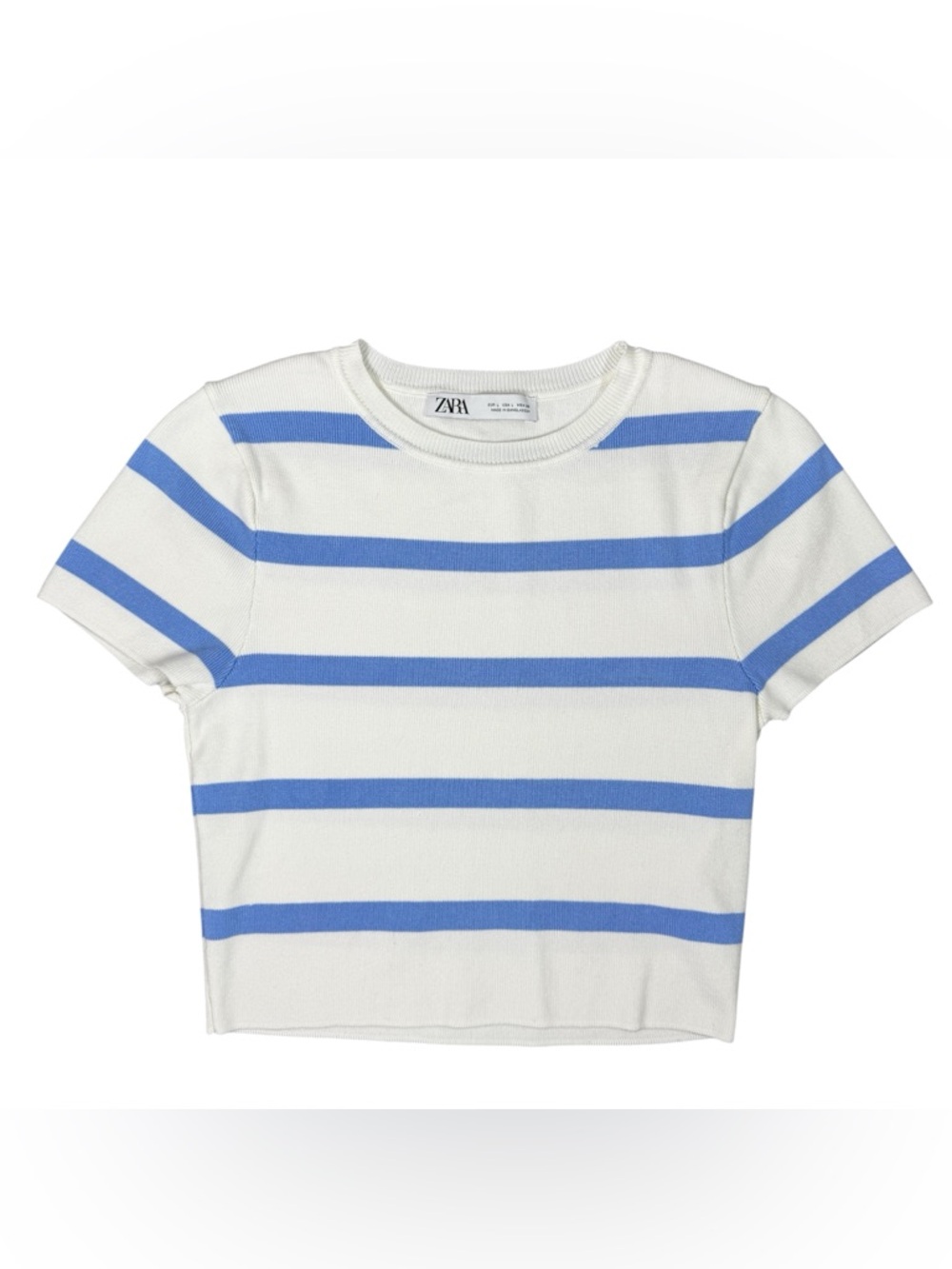 Zara Blue & White Striped Knit Tee | Short Sleeve Sweater Top | Size Large